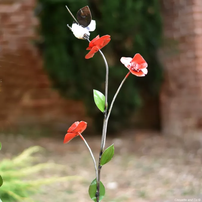 Colibri + 3 fleurs couleur sur tuteur