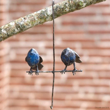 suspension deux rouge gorge sur perchoir métal recyclé décoration jardin