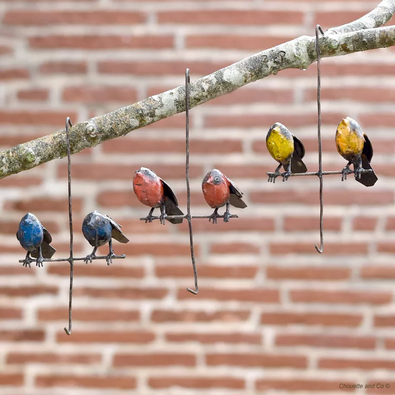 suspension deux rouge gorge sur perchoir métal recyclé décoration jardin