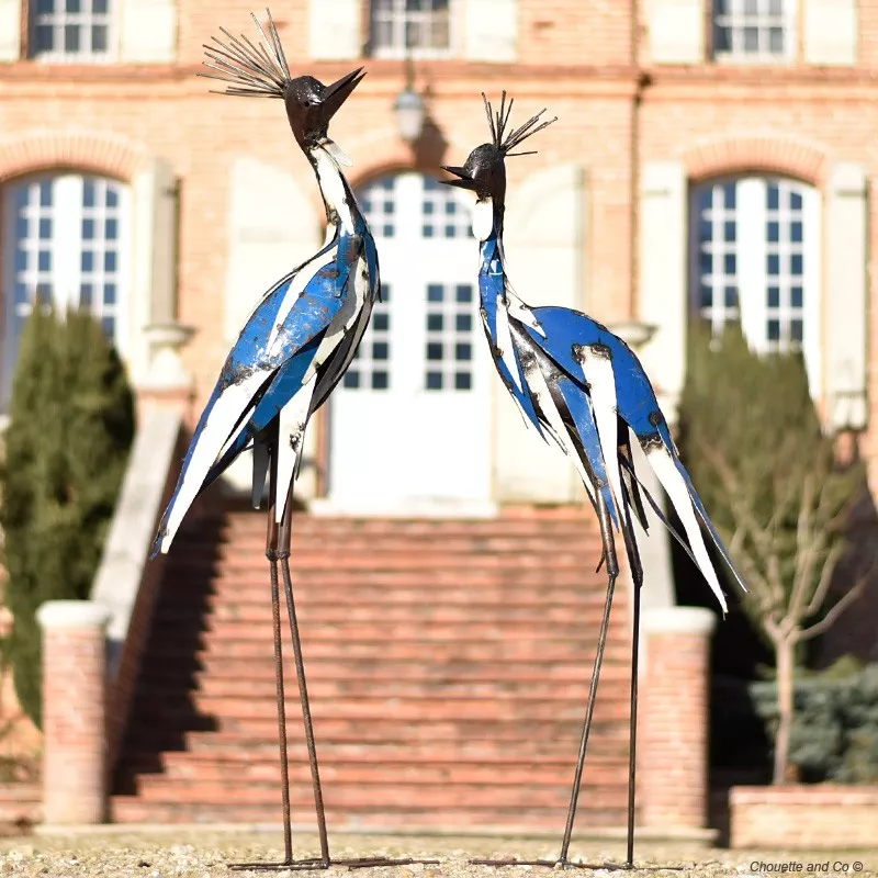 grue couronnée bleue métal recyclé décoration jardin