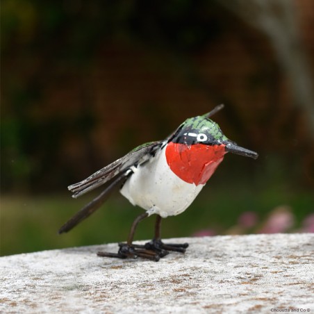 Colibri rouge ventre blanc en métal peint à la main