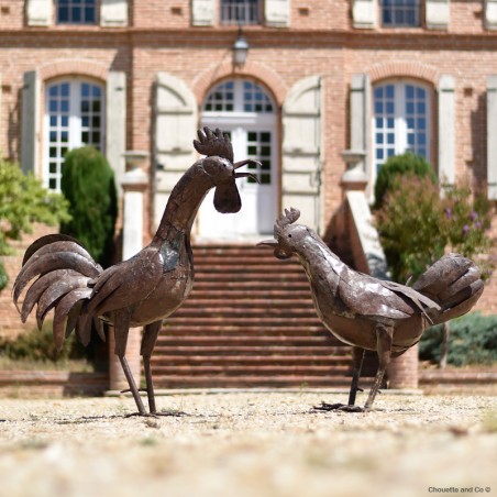 Couple Coq et poule métal brut