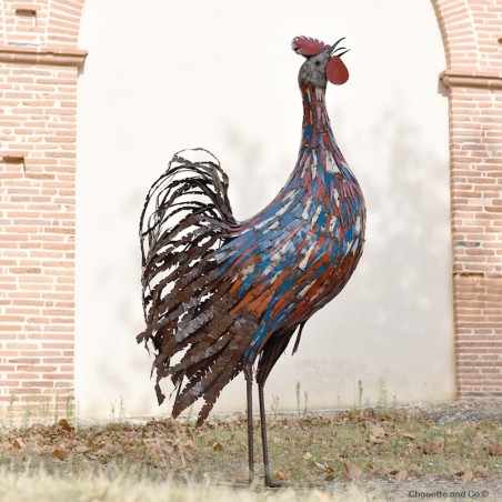 Coq fines lamelles bleues et rouges