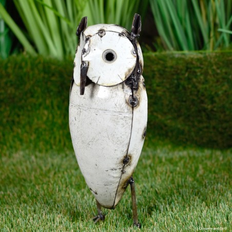 Hibou blanc grand modèle, sculpture à poser en métal recyclé