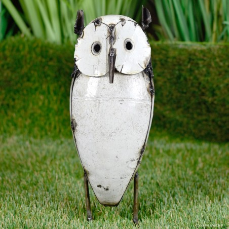 Hibou blanc grand modèle, sculpture à poser en métal recyclé