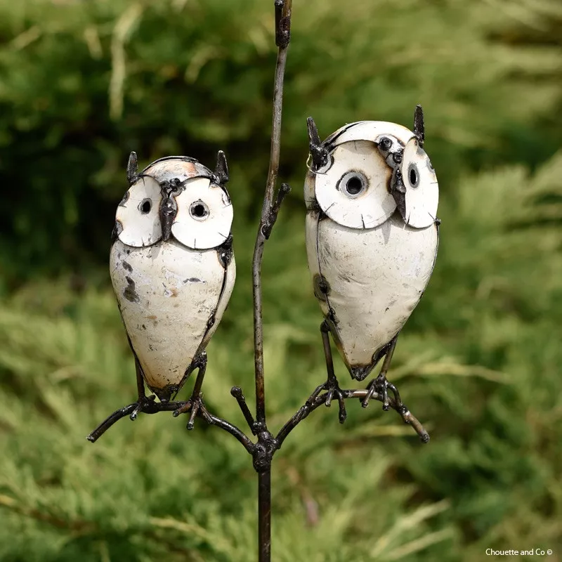 Couple hibou blanc sur branche sur tuteur