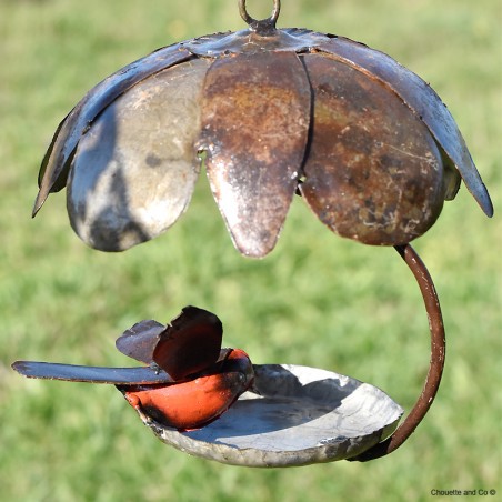 Mangeoire maison fleur 1 oiseau peint main